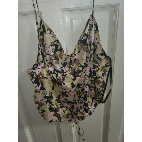 Floral Camo Print Spaghetti Strap Cami Top Drawstring Hem Summer Blouse XL - Picture 2 of 3